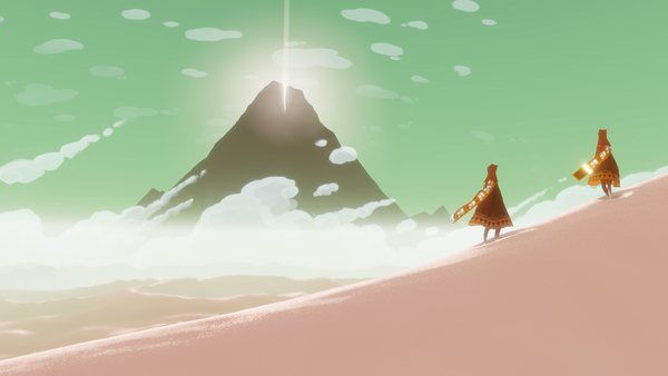 Player character and a companion standing on a sandy dune, looking at a tall mountain on a horizon