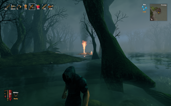 Player character standing in a swamp, surrounded by ancient trees, with a fiery geyser in the background.