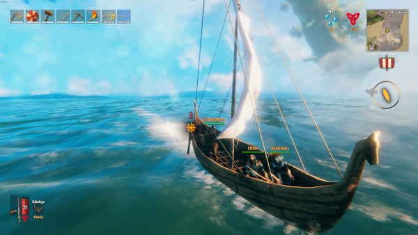 Player characters sailing on a boat.